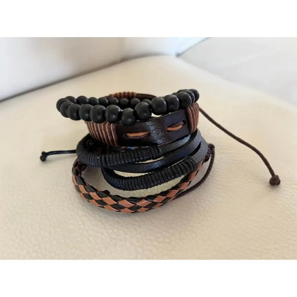 Mens 4pc layered bracelet set w/ beaded, woven, & PU leather strap design